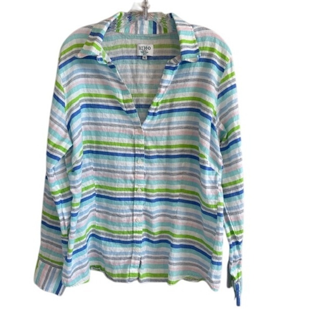 HIHO Tortola BVI Women's Colorful Striped‎ V-Neck Button up Linen Blouse XL